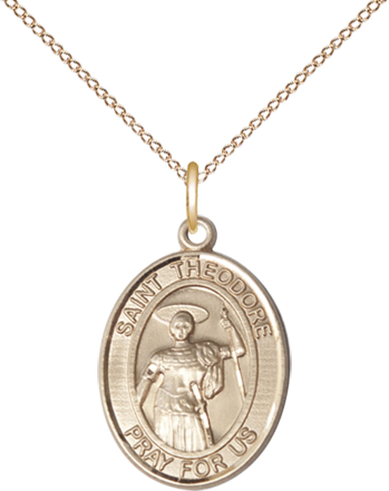 14kt Gold Filled Saint Theodore Stratelates Pendant on a 18 inch Gold Filled Light Curb chain
