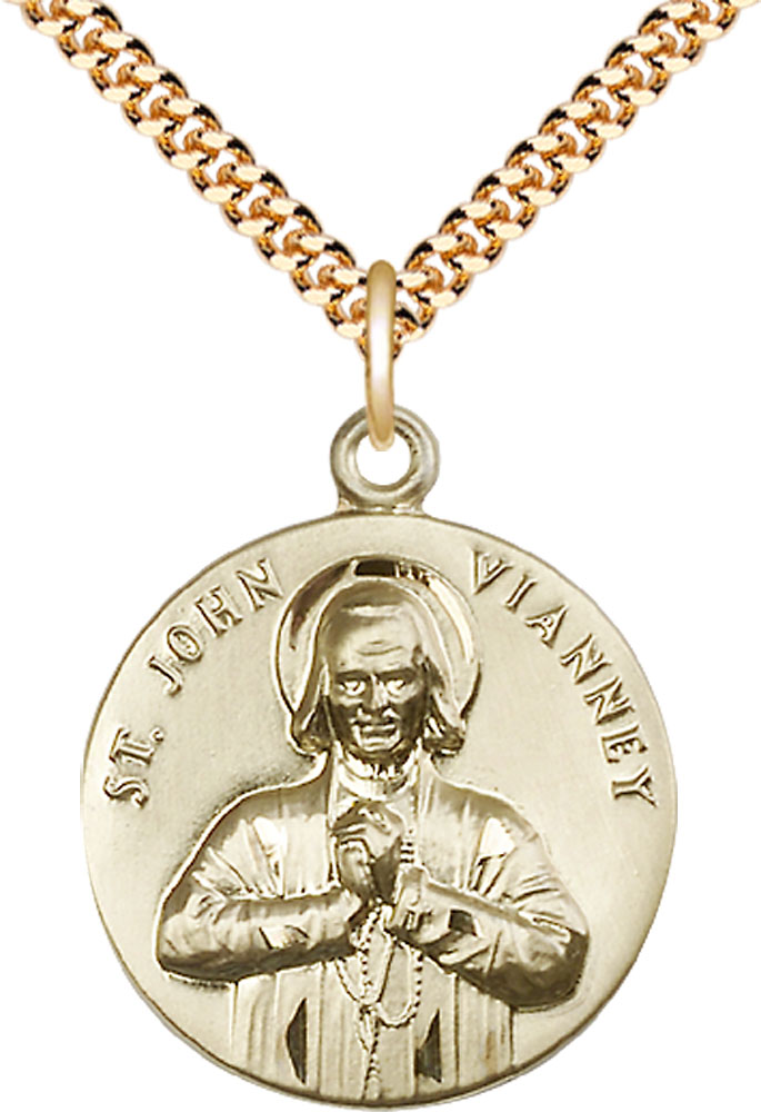 14kt Gold Filled Saint John Vianney Pendant on a 24 inch Gold Plate Heavy Curb chain