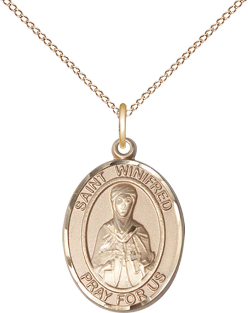 14kt Gold Filled Saint Winifred of Wales Pendant on a 18 inch Gold Filled Light Curb chain