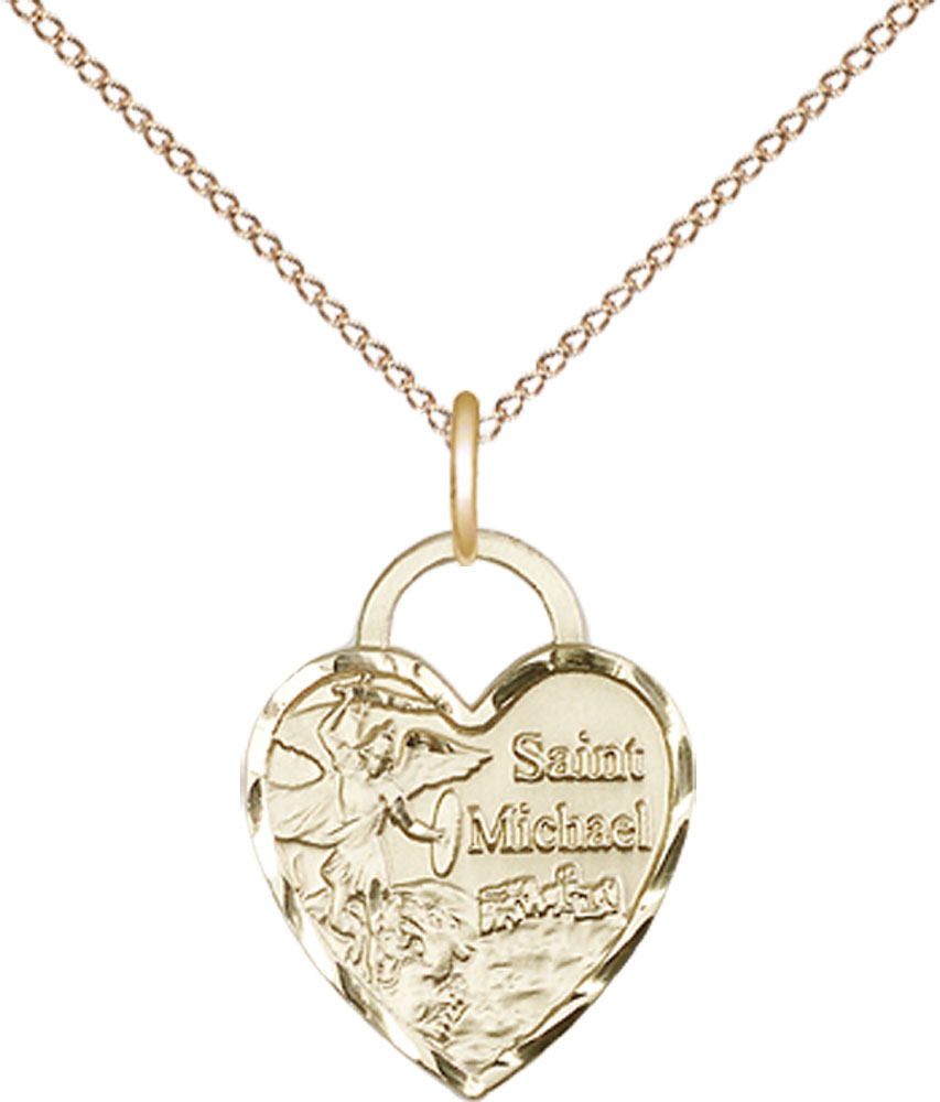 14kt Gold Filled Saint Michael Heart Pendant on a 18 inch Gold Filled Light Curb chain