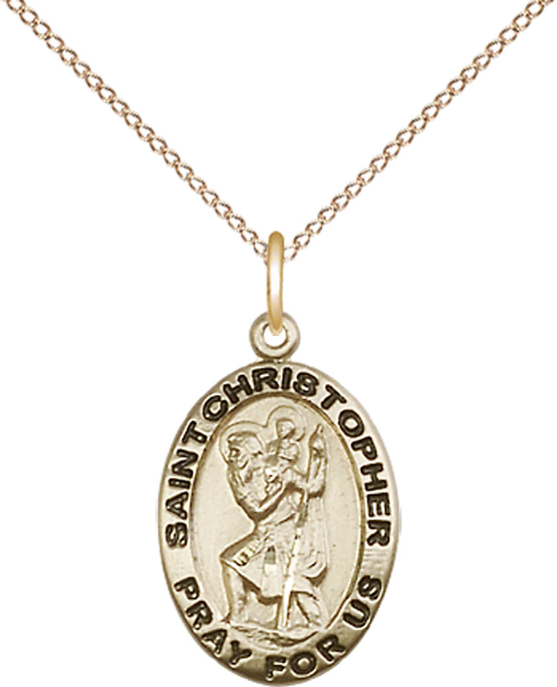 14kt Gold Filled Saint Christopher Pendant on a 18 inch Gold Filled Light Curb chain