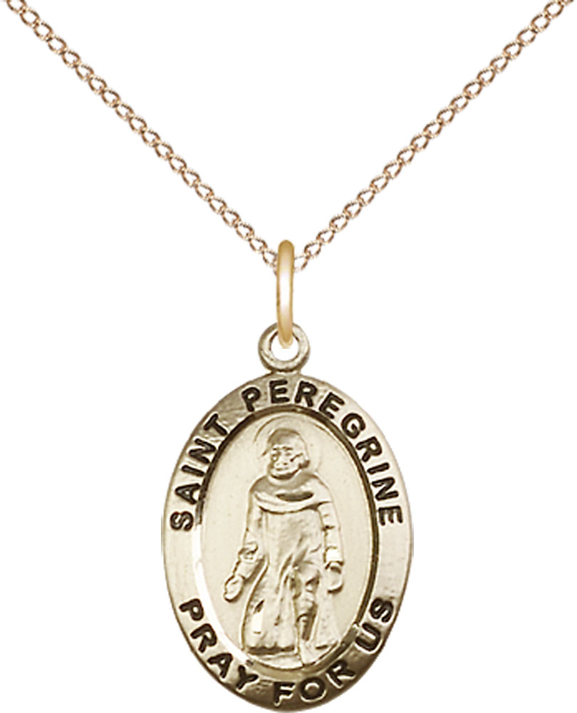 14kt Gold Filled Saint Peregrine Pendant on a 18 inch Gold Filled Light Curb chain