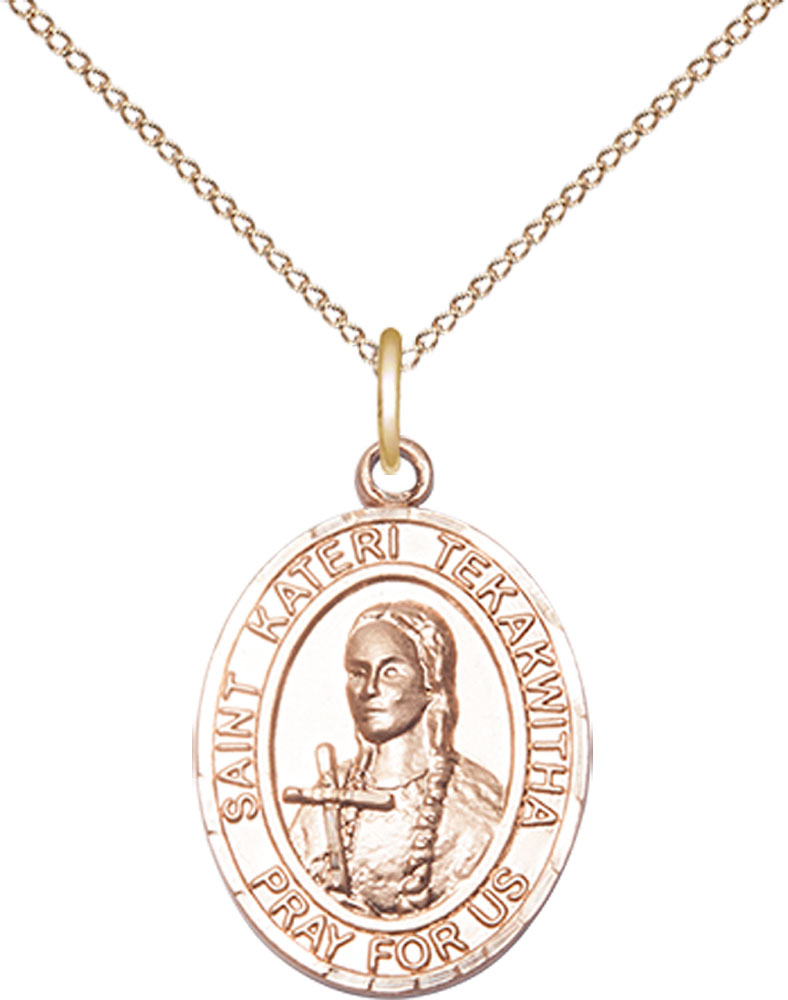 14kt Gold Filled Saint Kateri Tekakwitha Pendant on a 18 inch Gold Filled Light Curb chain
