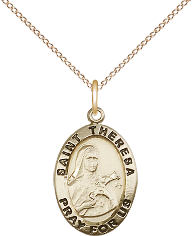 14kt Gold Filled Saint Theresa Pendant on a 18 inch Gold Filled Light Curb chain