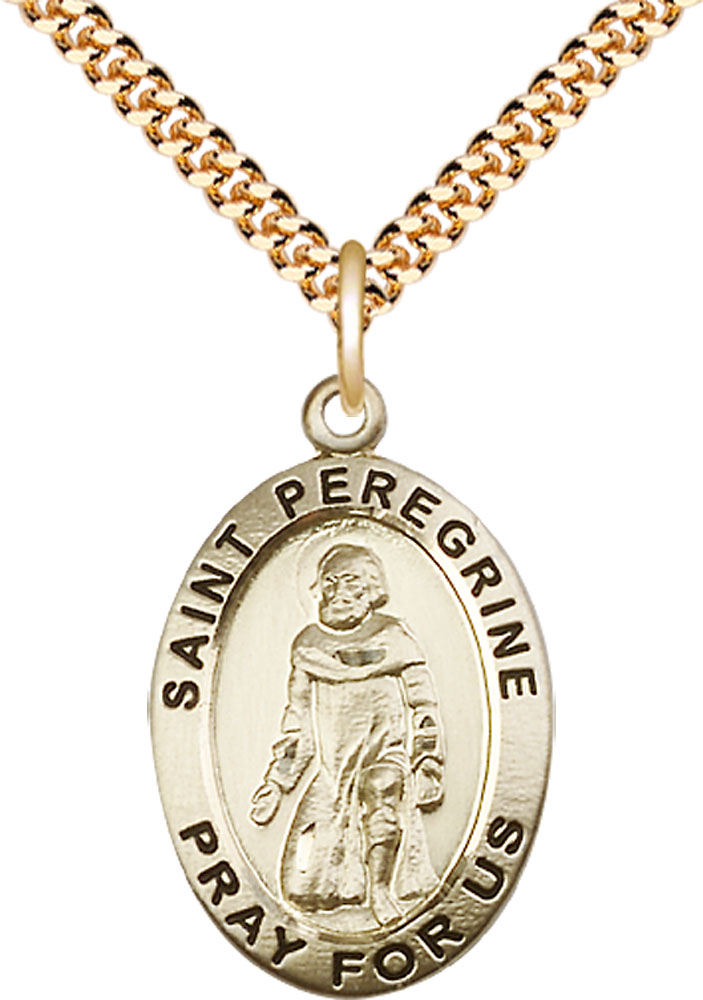 14kt Gold Filled Saint Peregrine Pendant on a 24 inch Gold Plate Heavy Curb chain