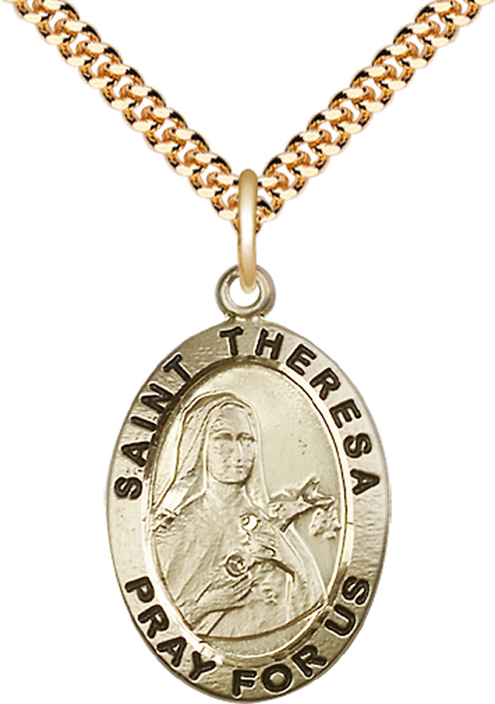 14kt Gold Filled Saint Theresa Pendant on a 24 inch Gold Plate Heavy Curb chain