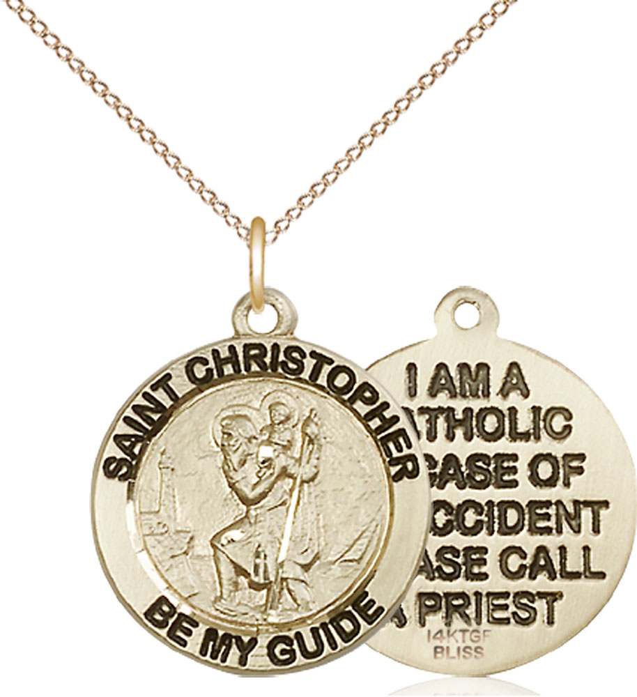 14kt Gold Filled Saint Christopher Pendant on a 18 inch Gold Filled Light Curb chain