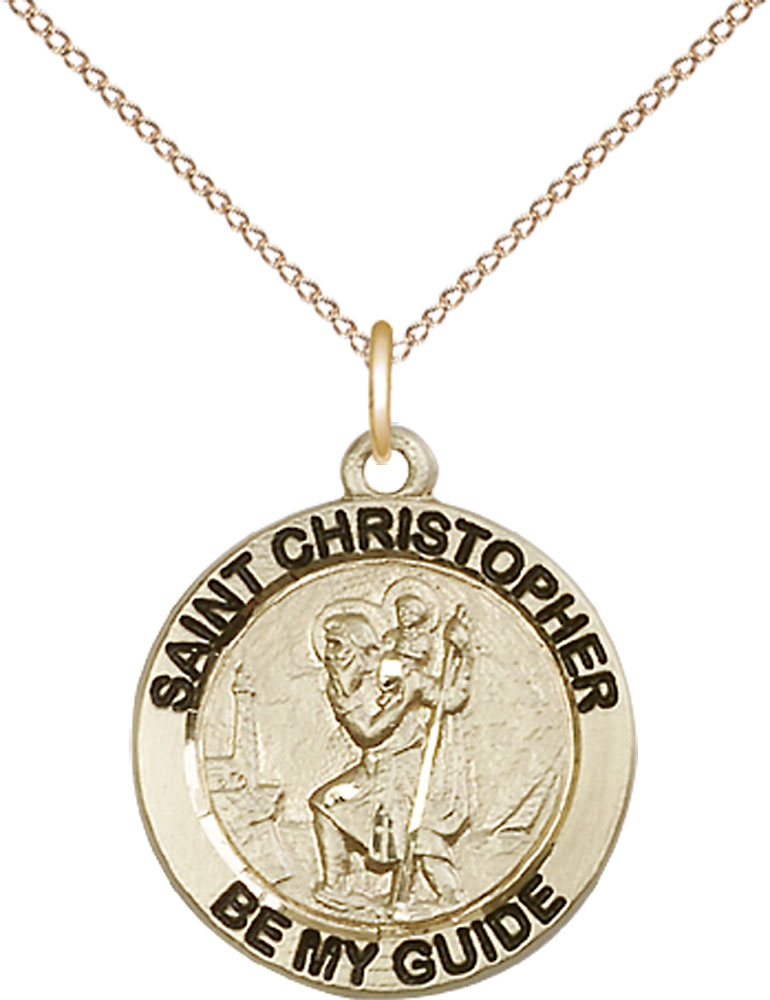 14kt Gold Filled Saint Christopher Pendant on a 18 inch Gold Filled Light Curb chain