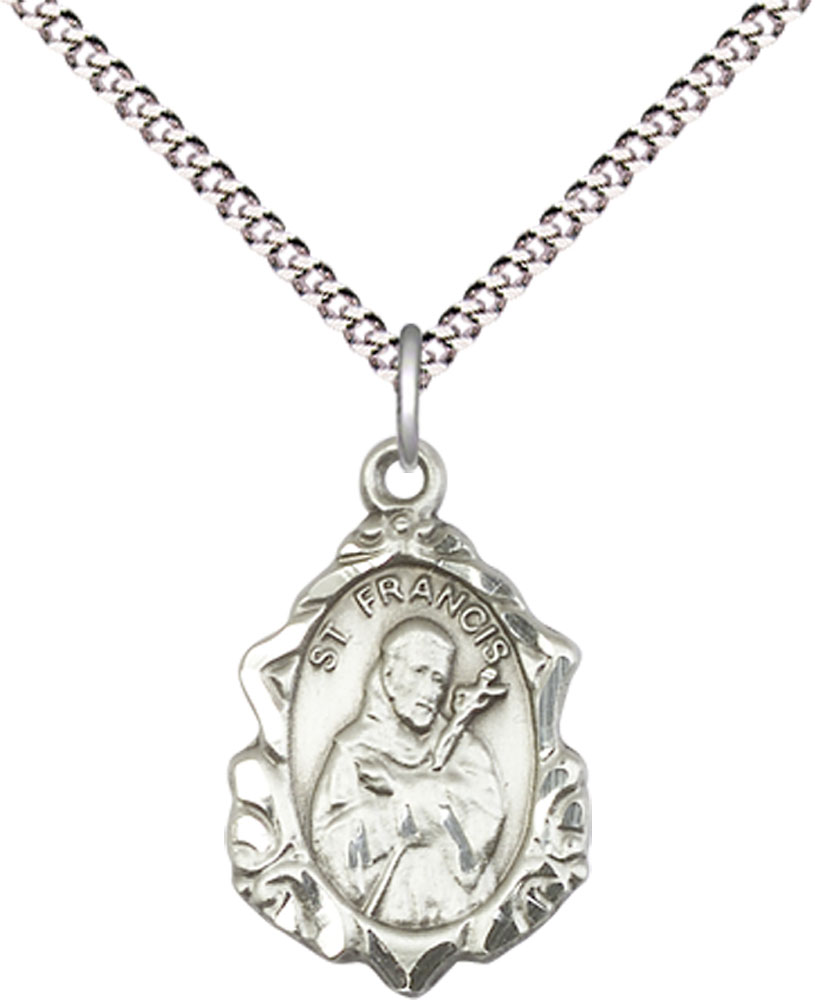 Sterling Silver Saint Francis Pendant on a 18 inch Light Rhodium Light Curb chain