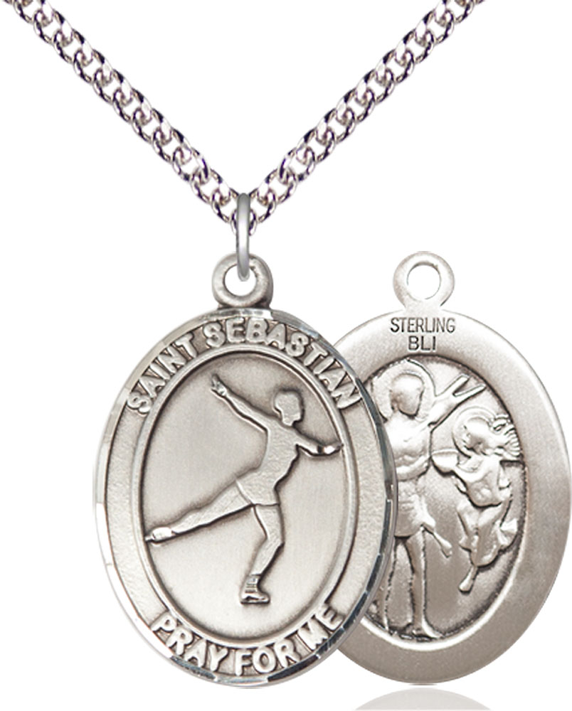 Sterling Silver Saint Sebastian Figure Skating Pendant on a 24 inch Sterling Silver Heavy Curb chain