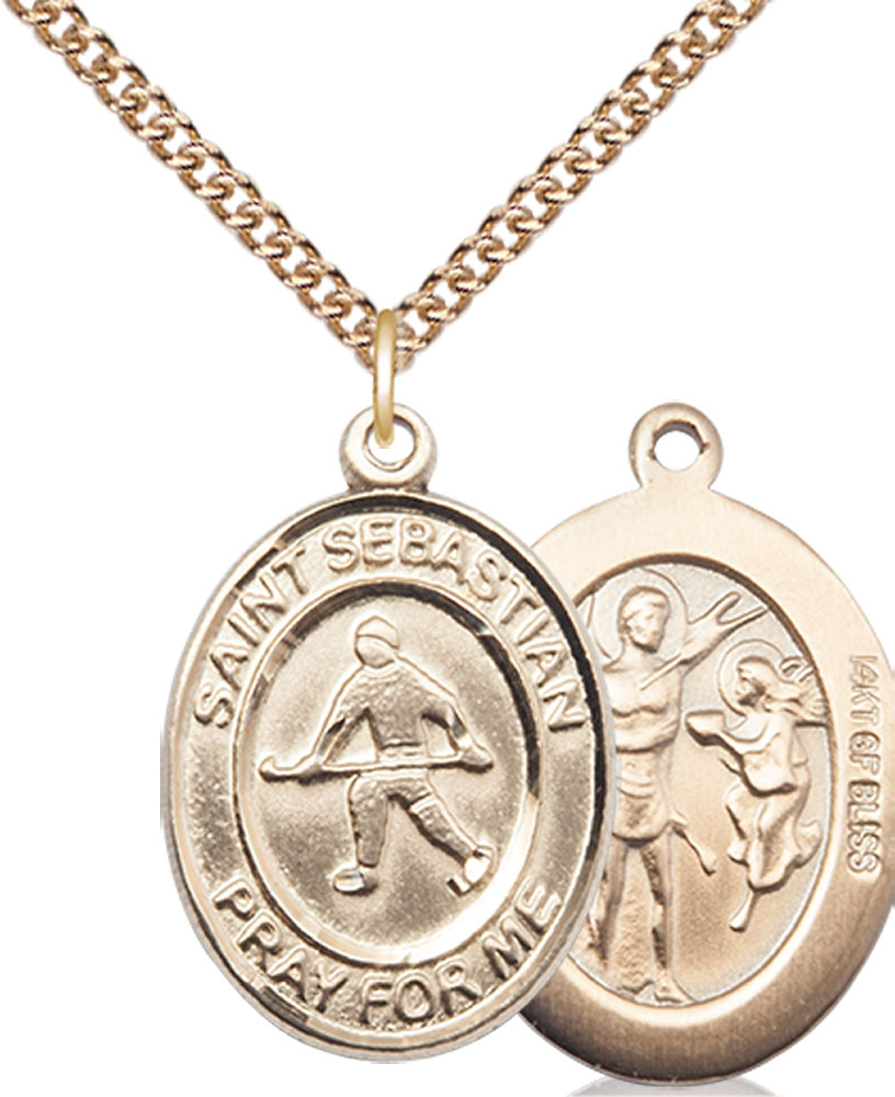 14kt Gold Filled Saint Sebastian Field Hockey Pendant on a 24 inch Gold Filled Heavy Curb chain
