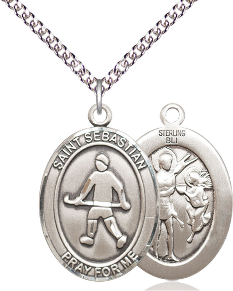 Sterling Silver Saint Sebastian Field Hockey Pendant on a 24 inch Sterling Silver Heavy Curb chain