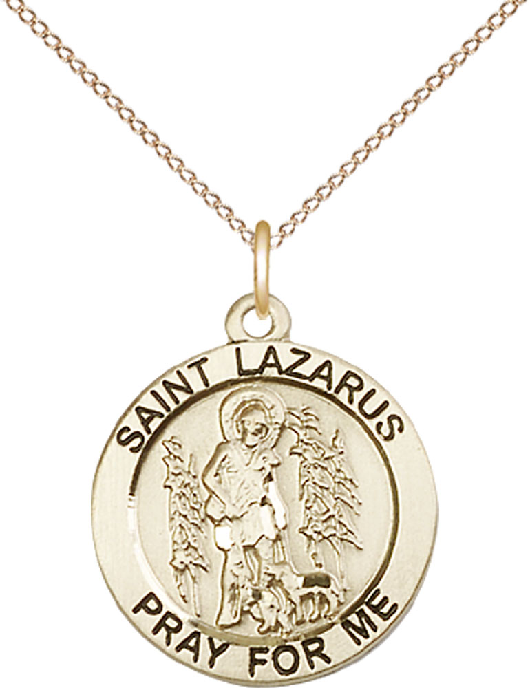 14kt Gold Filled Saint Lazarus Pendant on a 18 inch Gold Filled Light Curb chain