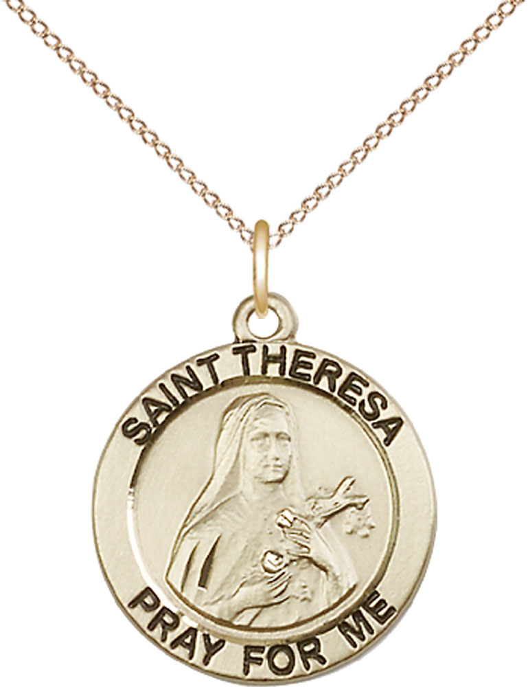 14kt Gold Filled Saint Theresa Pendant on a 18 inch Gold Filled Light Curb chain