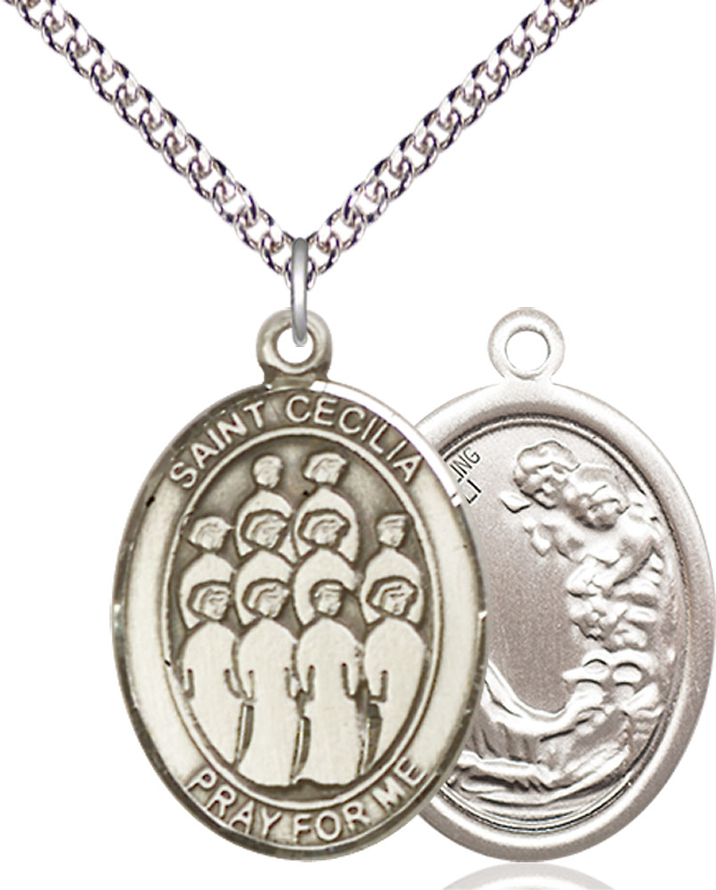 Sterling Silver Saint Cecilia Choir Pendant on a 24 inch Sterling Silver Heavy Curb chain