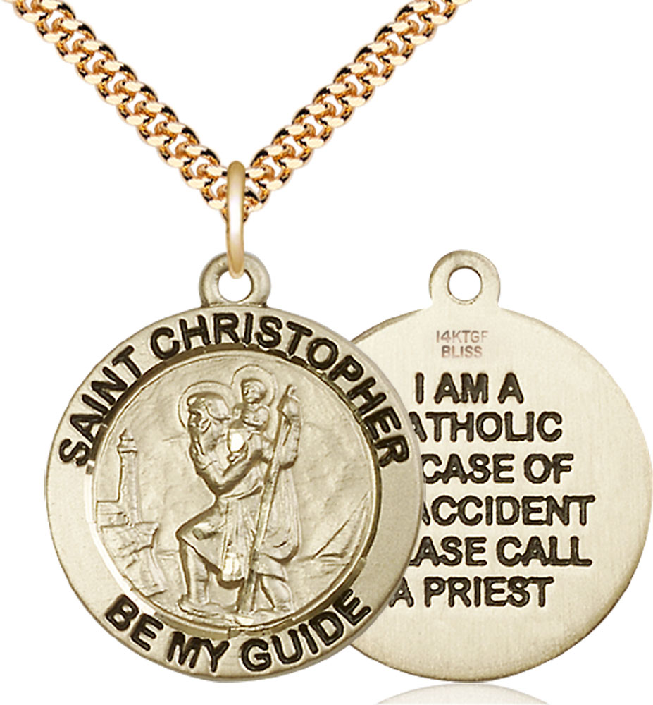 14kt Gold Filled Saint Christopher Pendant on a 24 inch Gold Plate Heavy Curb chain