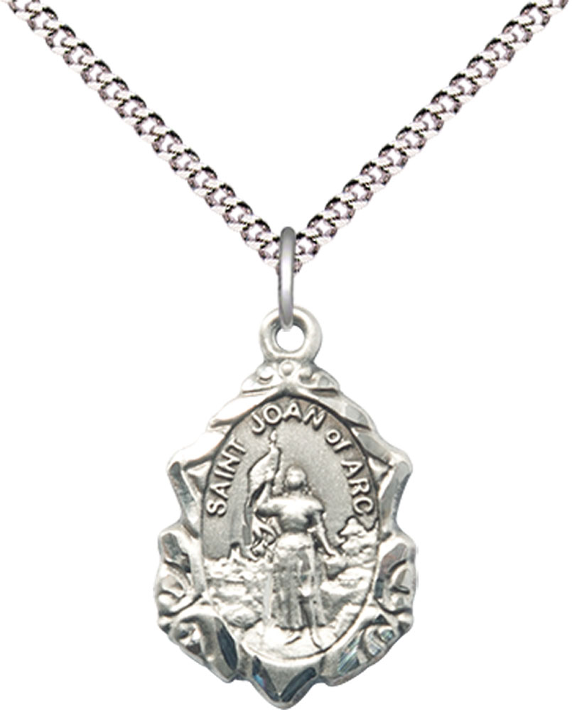 Sterling Silver Saint Joan of Arc Pendant on a 18 inch Light Rhodium Light Curb chain