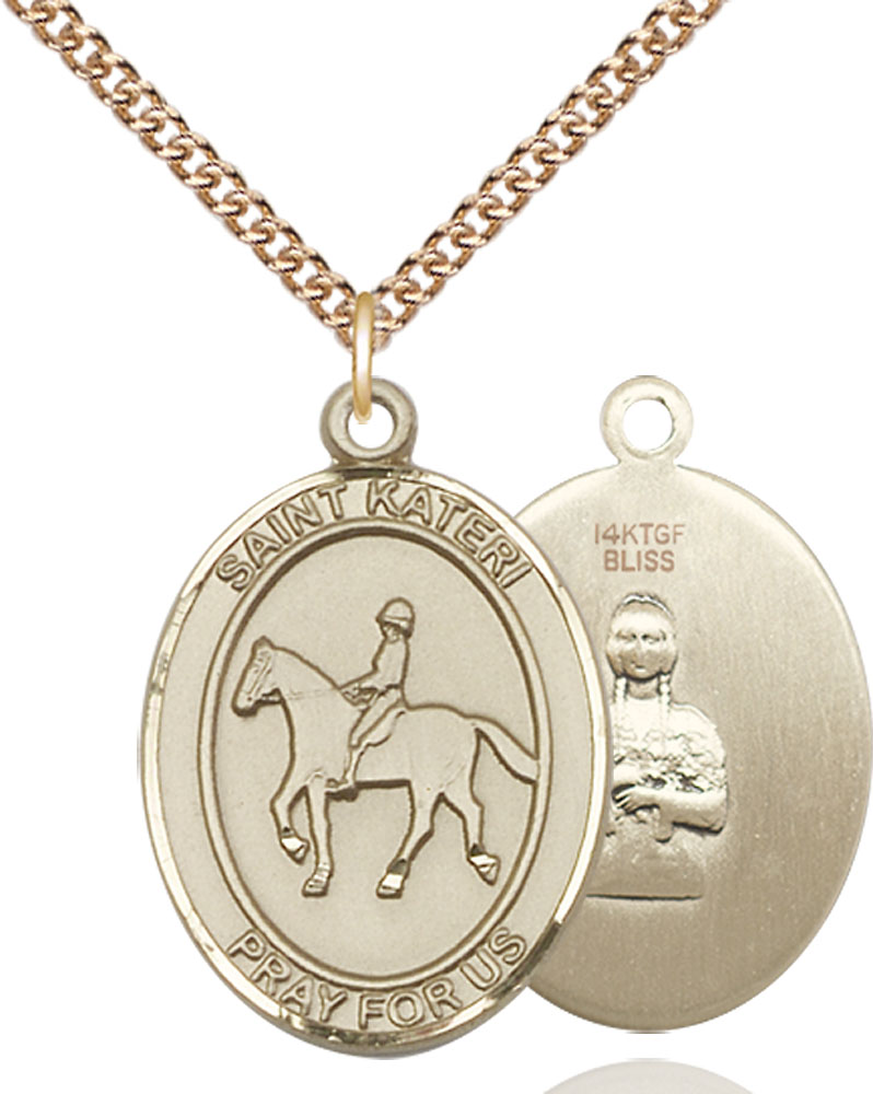 14kt Gold Filled Saint Kateri Equestrian Pendant on a 24 inch Gold Filled Heavy Curb chain