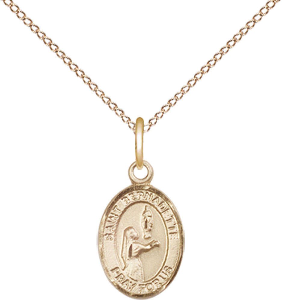 14kt Gold Filled Saint Bernadette Pendant on a 18 inch Gold Filled Light Curb chain