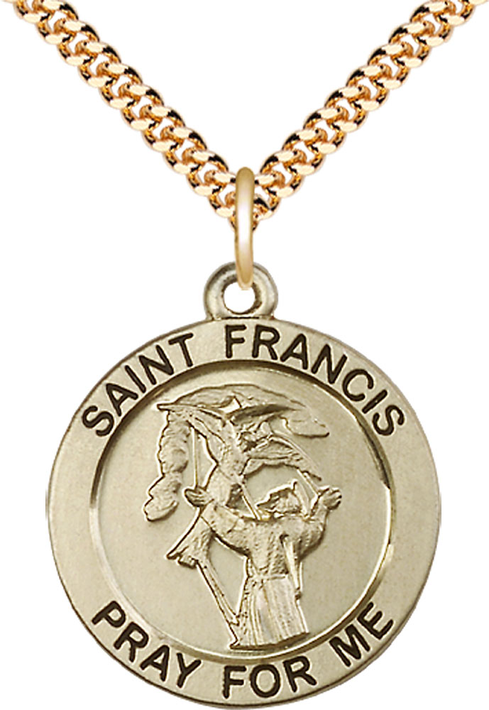 14kt Gold Filled Saint Francis of Assisi Pendant on a 24 inch Gold Plate Heavy Curb chain