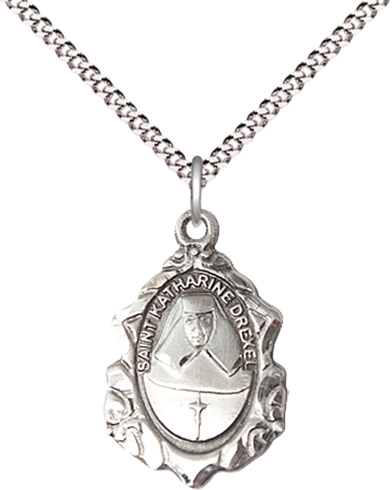 Sterling Silver Saint Katharine Drexel Pendant on a 18 inch Light Rhodium Light Curb chain