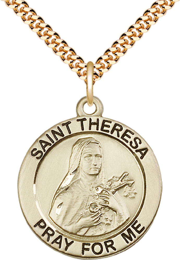 14kt Gold Filled Saint Theresa Pendant on a 24 inch Gold Plate Heavy Curb chain