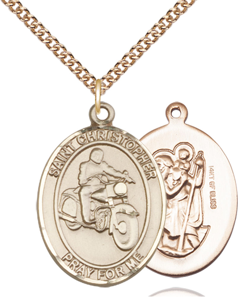 14kt Gold Filled Saint Christopher Motorcycle Pendant on a 24 inch Gold Filled Heavy Curb chain