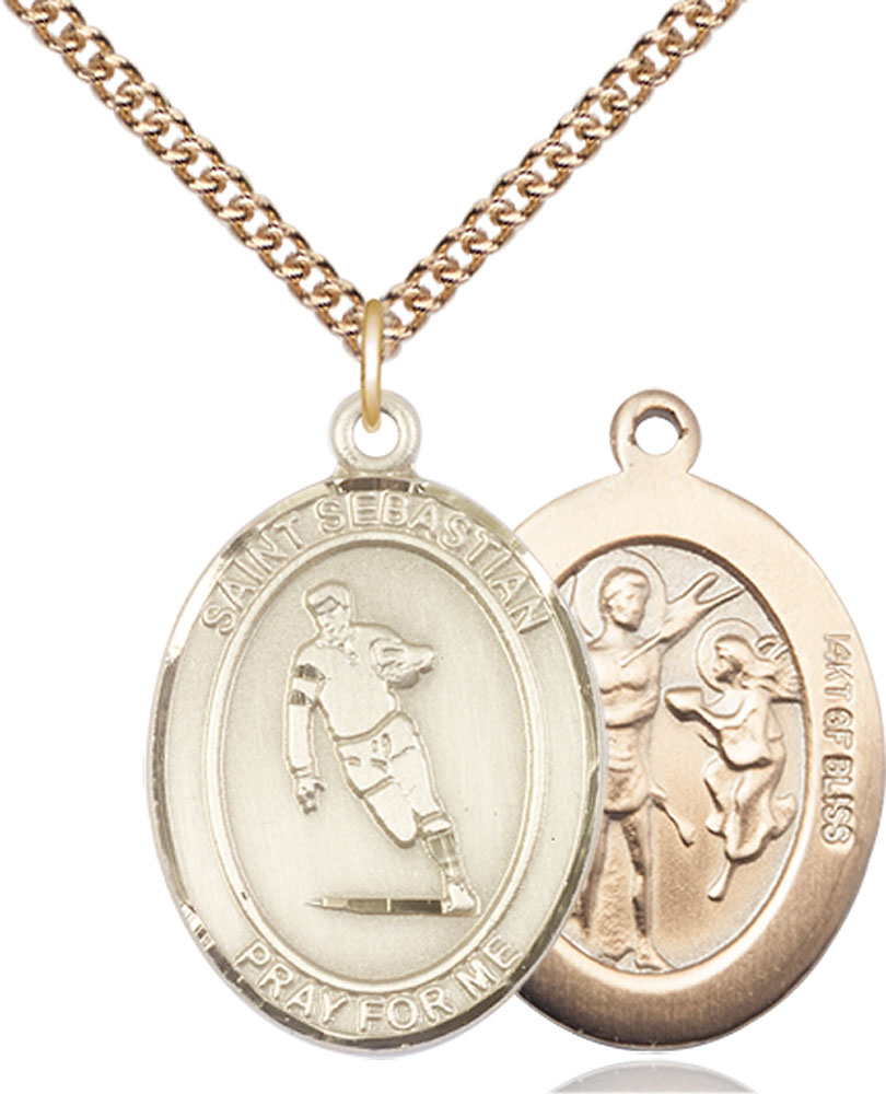 14kt Gold Filled Saint Sebastian Rugby Pendant on a 24 inch Gold Filled Heavy Curb chain