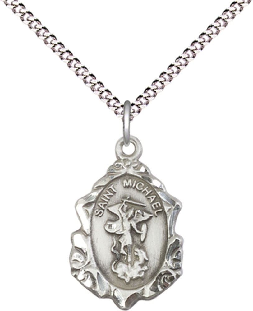 Sterling Silver Saint Michael the Archangel Pendant on a 18 inch Light Rhodium Light Curb chain