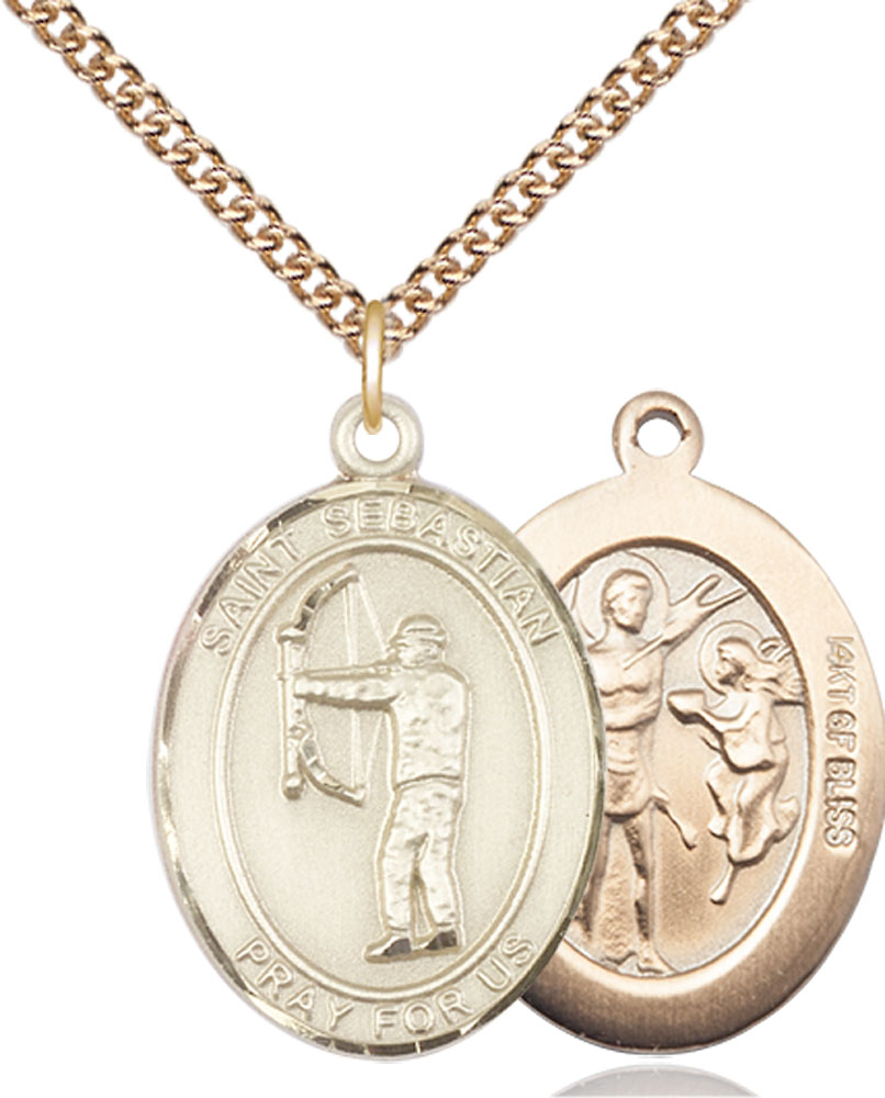 14kt Gold Filled Saint Sebastian Archery Pendant on a 24 inch Gold Filled Heavy Curb chain