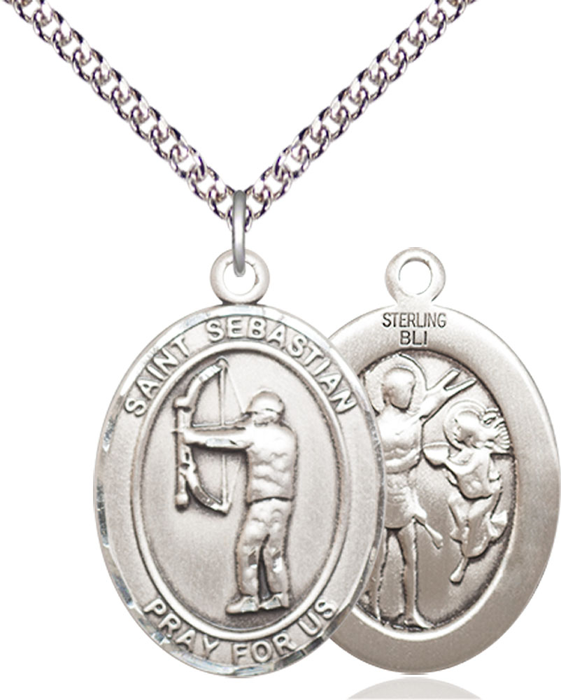 Sterling Silver Saint Sebastian Archery Pendant on a 24 inch Sterling Silver Heavy Curb chain