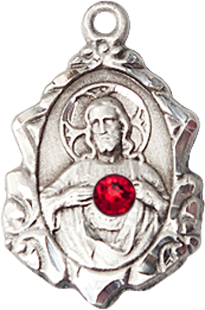 Sterling Silver Scapular w/ Ruby Stone Medal with a 3mm Ruby Swarovski stone