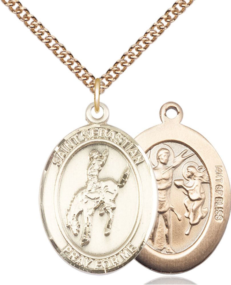 14kt Gold Filled Saint Sebastian Rodeo Pendant on a 24 inch Gold Filled Heavy Curb chain