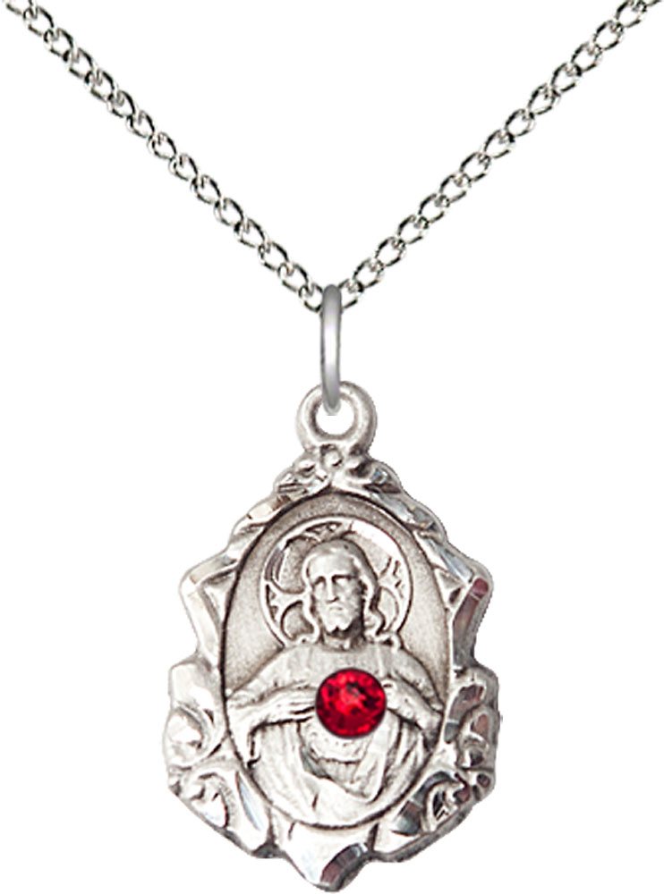Sterling Silver Scapular w/ Ruby Stone Pendant with a 3mm Ruby Swarovski stone on a 18 inch Sterling Silver Light Curb chain