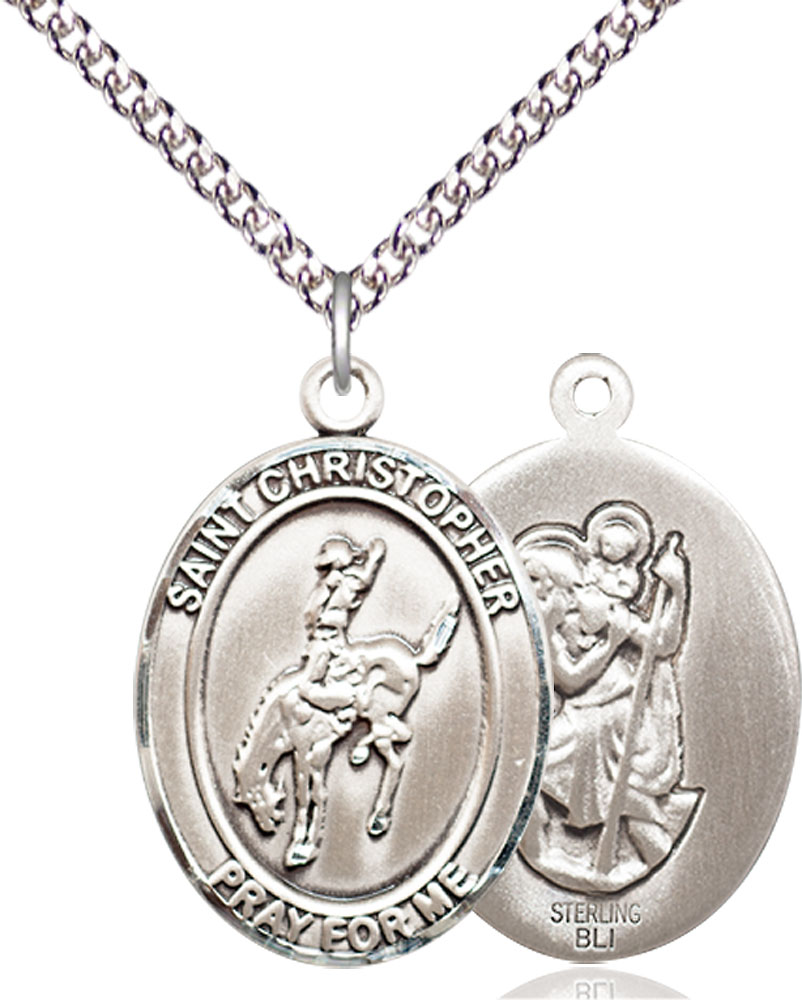 Sterling Silver Saint Christopher Rodeo Pendant on a 24 inch Sterling Silver Heavy Curb chain