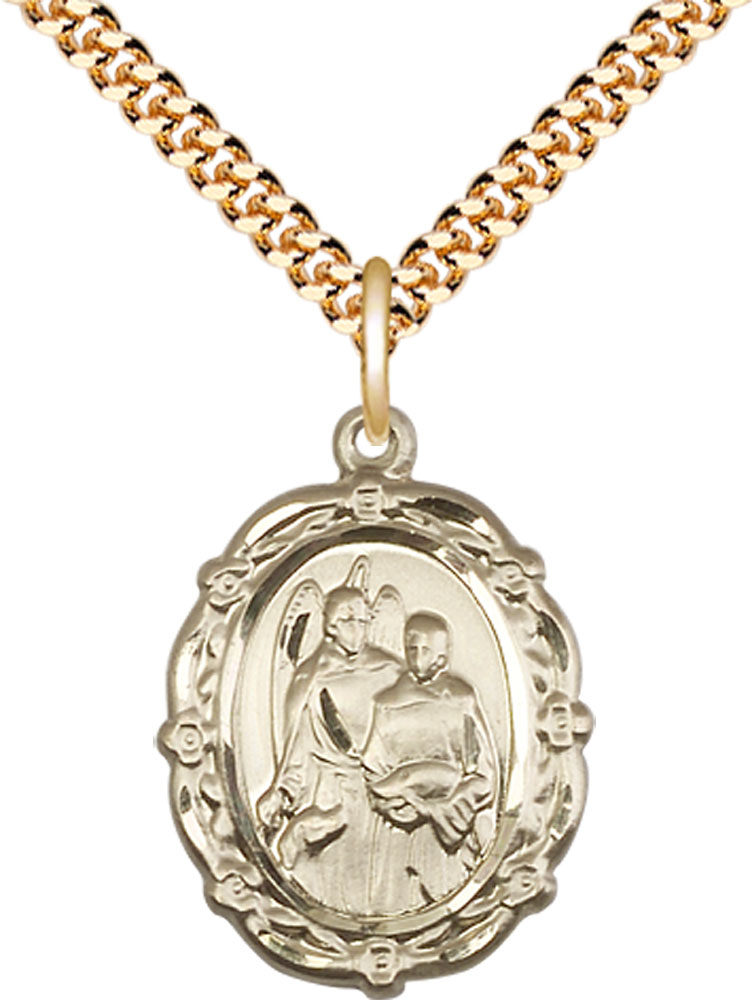 14kt Gold Filled Saint Raphael the Archangel Pendant on a 24 inch Gold Plate Heavy Curb chain