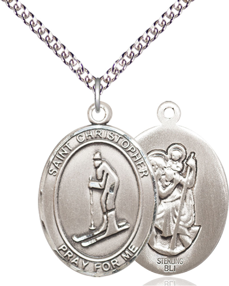 Sterling Silver Saint Christopher Skiing Pendant on a 24 inch Sterling Silver Heavy Curb chain