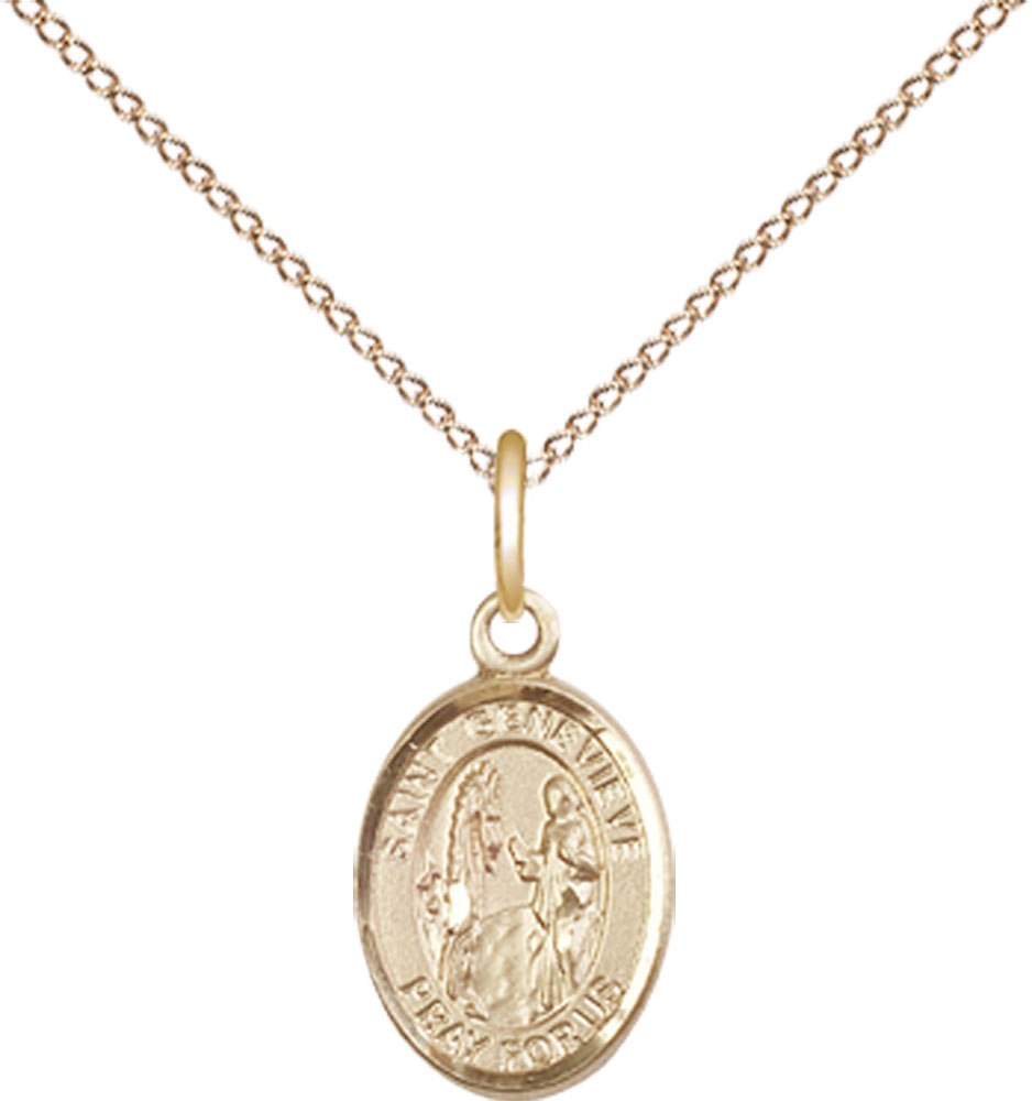 14kt Gold Filled Saint Genevieve Pendant on a 18 inch Gold Filled Light Curb chain