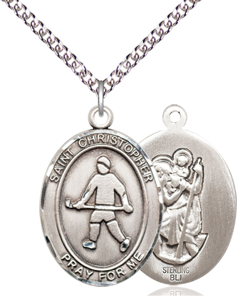 Sterling Silver Saint Christopher Field Hockey Pendant on a 24 inch Sterling Silver Heavy Curb chain