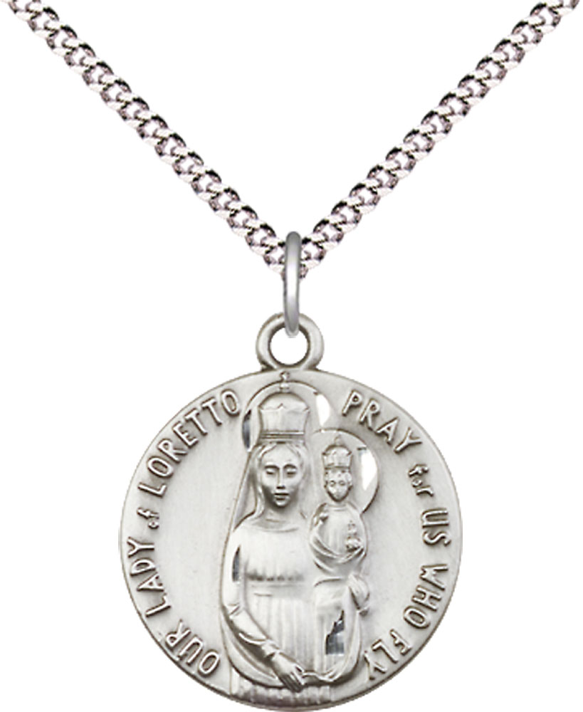 Sterling Silver Our Lady of Loretto Pendant on a 18 inch Light Rhodium Light Curb chain