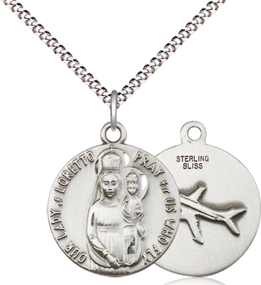 Sterling Silver Our Lady of Loretto Pendant on a 18 inch Light Rhodium Light Curb chain