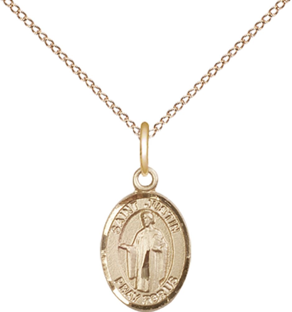 14kt Gold Filled Saint Justin Pendant on a 18 inch Gold Filled Light Curb chain