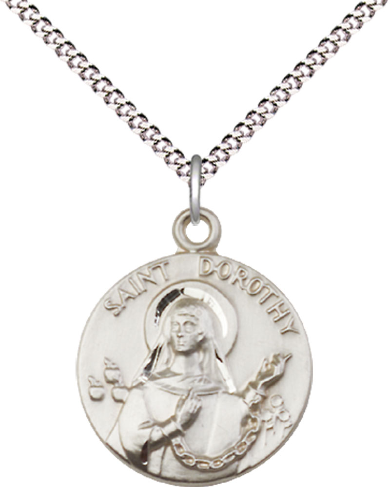 Sterling Silver Saint Dorothy Pendant on a 18 inch Light Rhodium Light Curb chain