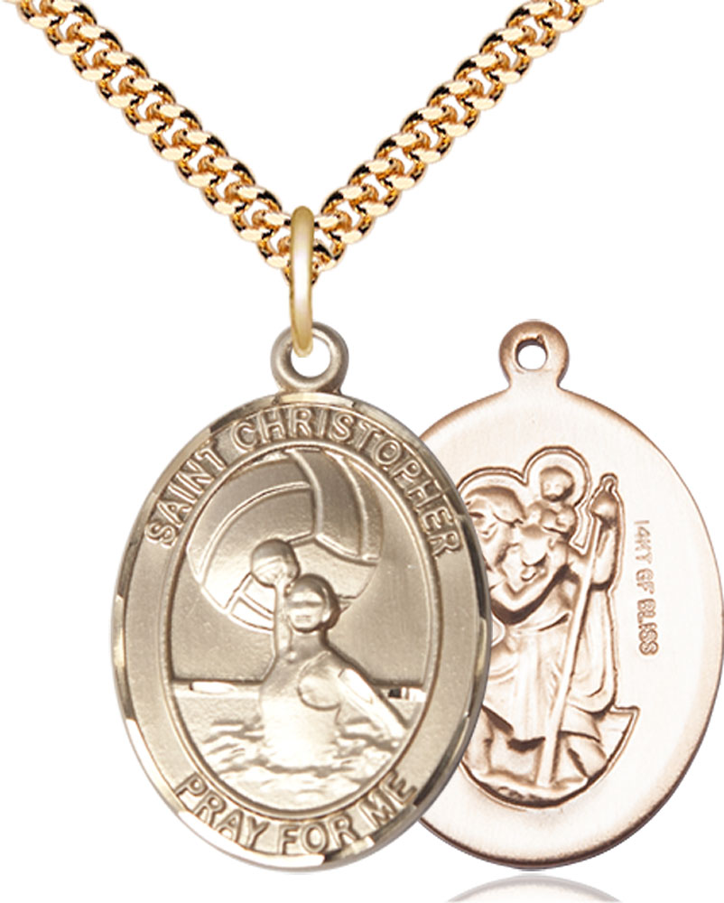 14kt Gold Filled Saint Christopher Water Polo-Women Pendant on a 24 inch Gold Plate Heavy Curb chain