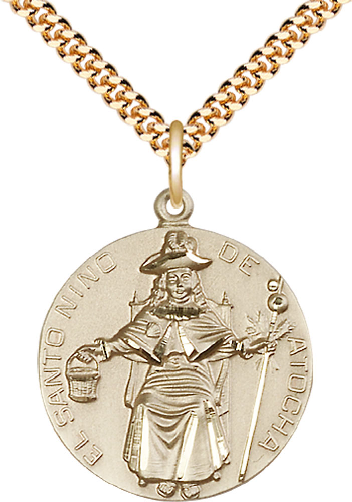 14kt Gold Filled Saint NiC_x0003_B1o de Atocha Pendant on a 24 inch Gold Plate Heavy Curb chain