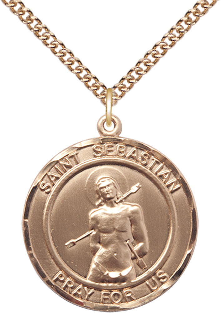 14kt Gold Filled Saint Sebastian Pendant on a 24 inch Gold Filled Heavy Curb chain