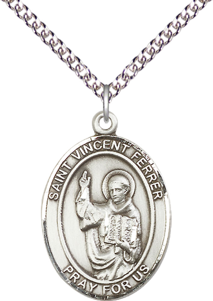 Sterling Silver Saint Vincent Ferrer Pendant on a 24 inch Sterling Silver Heavy Curb chain