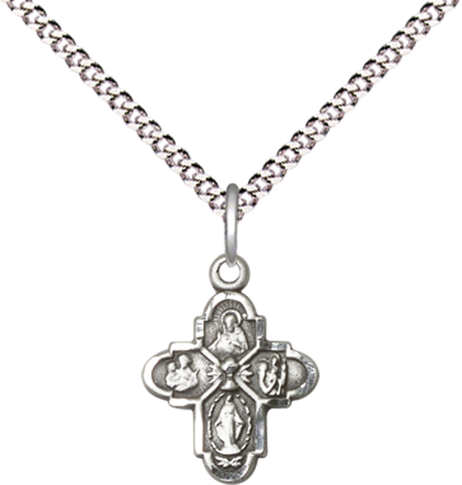 Sterling Silver 4-Way Chalice Pendant on a 18 inch Light Rhodium Light Curb chain