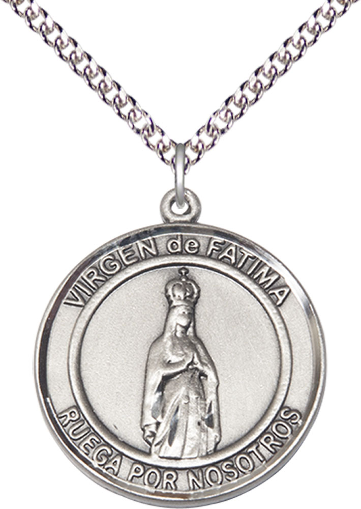 Sterling Silver Virgen de Fatima Pendant on a 24 inch Sterling Silver Heavy Curb chain