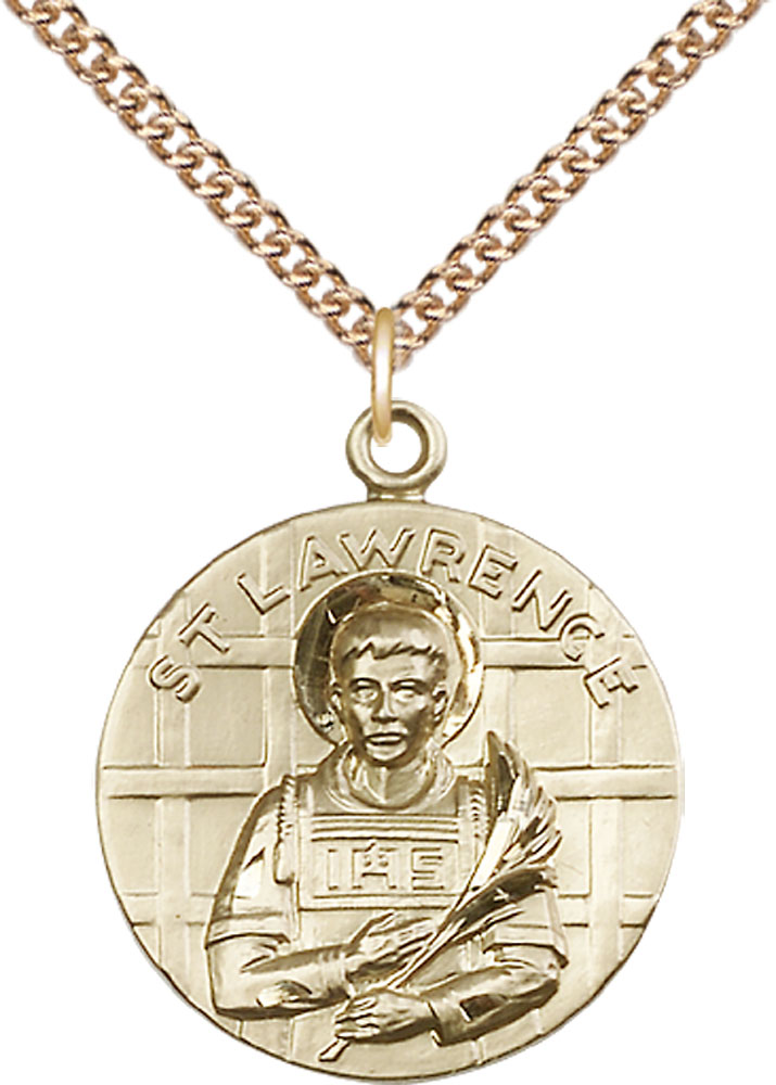14kt Gold Filled Saint Lawrence Pendant on a 24 inch Gold Filled Heavy Curb chain